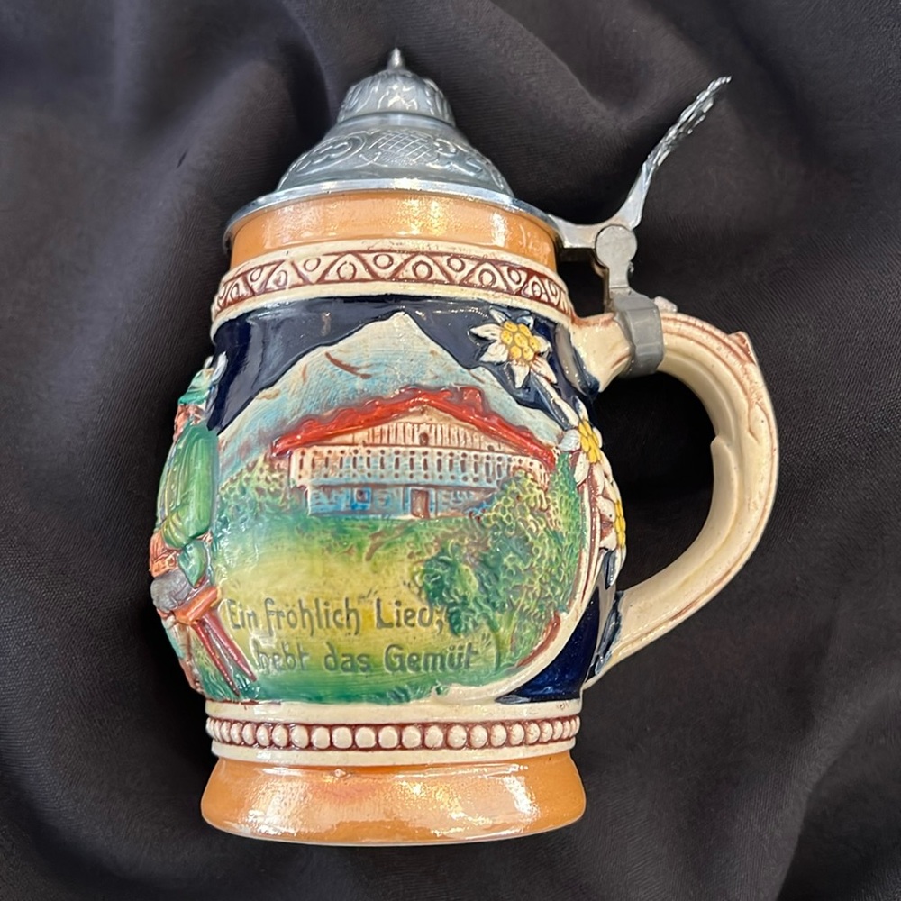 Rare Vintage DBGM Western
Germany - German Beer Stein - Pewter Lid Ceramic Mug